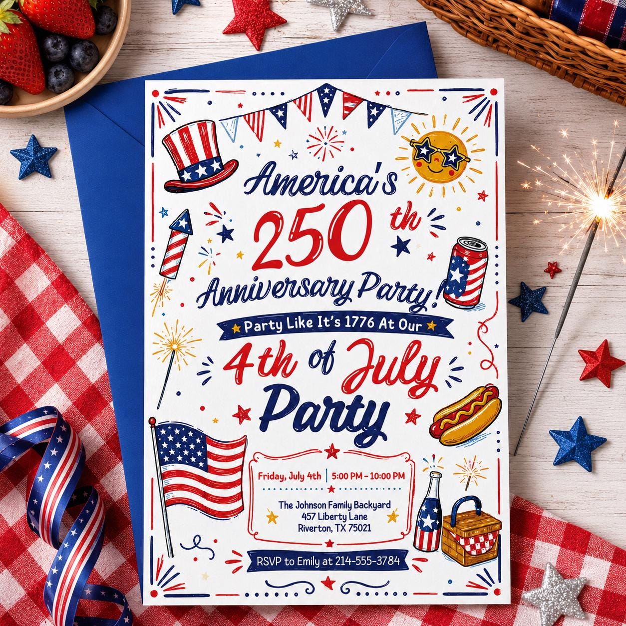America 250th Anniversary Invitation Template, 4th of July Party Invitation, USA Patriotic Red White Blue BBQ Invite Editable Canva Invite __etsy:8026163324