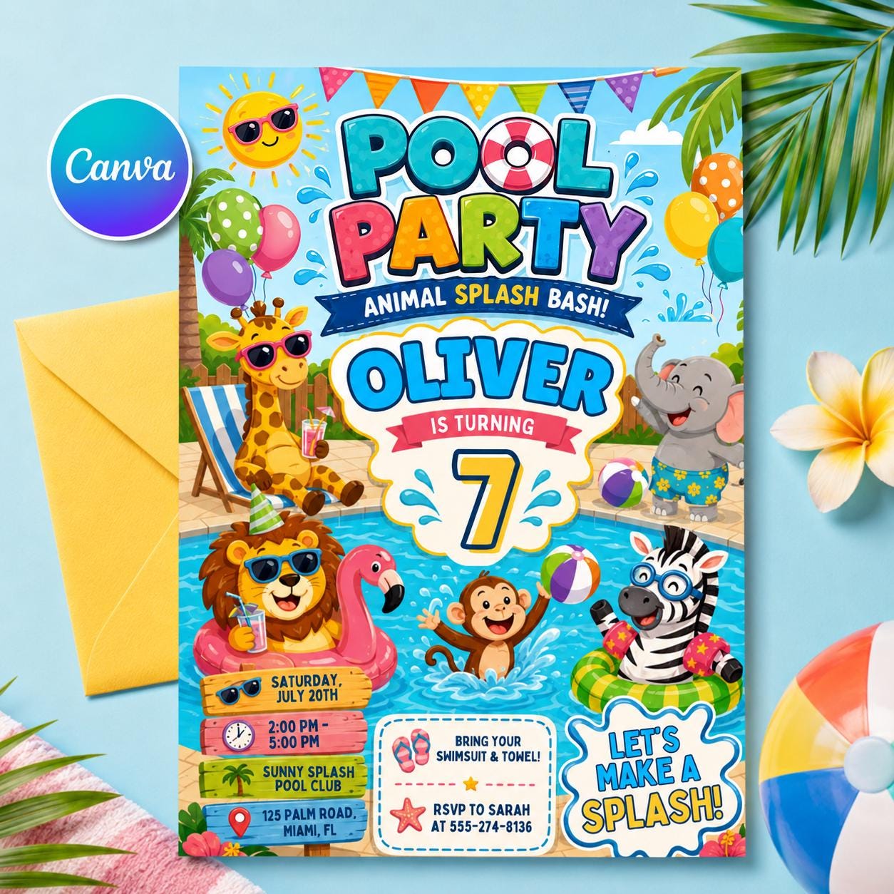 Animal Splash Bash Pool Party Birthday Party Invitation Template, Hand Drawn Whimsical Swim Birthday Invite, Canva Template __etsy:8105240415