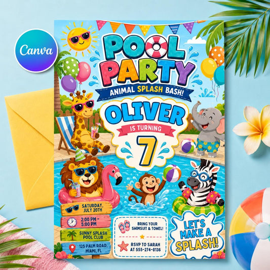 Animal Splash Bash Pool Party Birthday Party Invitation Template, Hand Drawn Whimsical Swim Birthday Invite, Canva Template __etsy:8105240415