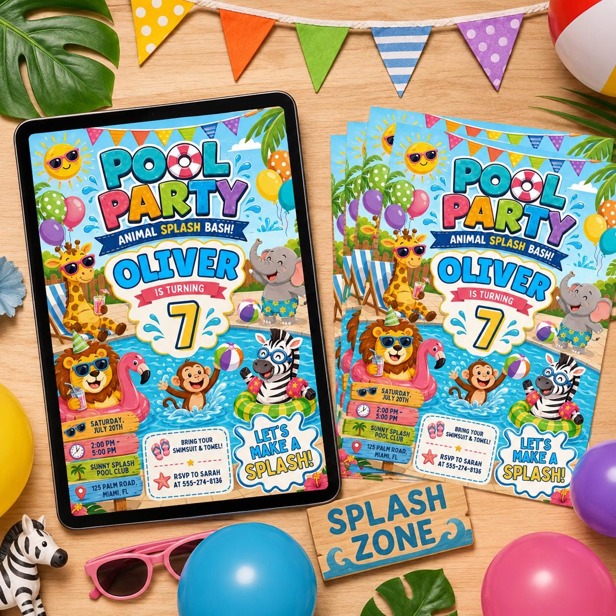 Animal Splash Bash Pool Party Birthday Party Invitation Template, Hand Drawn Whimsical Swim Birthday Invite, Canva Template __etsy:8057329648