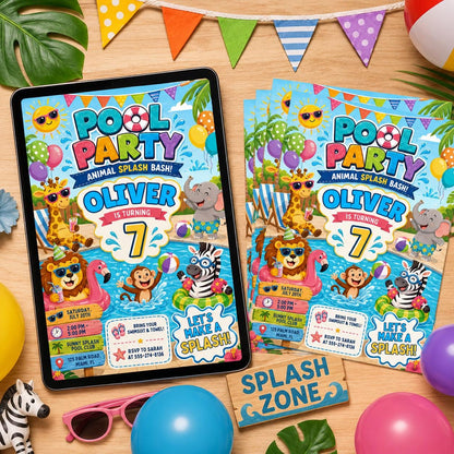 Animal Splash Bash Pool Party Birthday Party Invitation Template, Hand Drawn Whimsical Swim Birthday Invite, Canva Template __etsy:8057329648