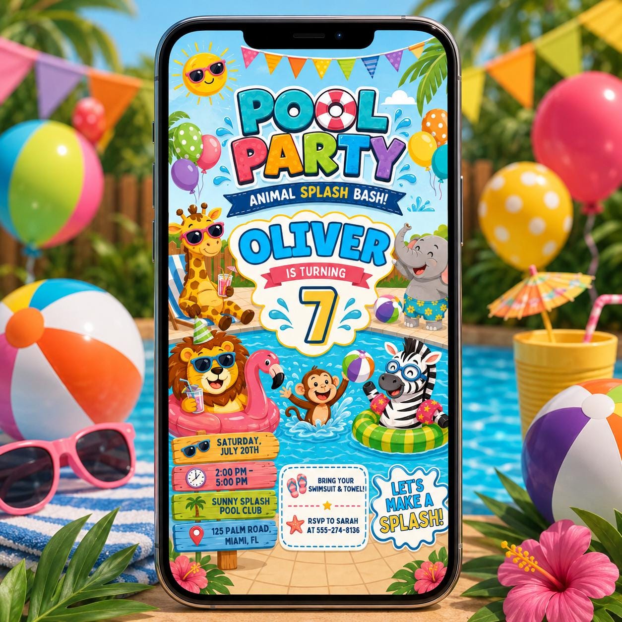 Animal Splash Bash Pool Party Birthday Party Invitation Template, Hand Drawn Whimsical Swim Birthday Invite, Canva Template __etsy:8057329722