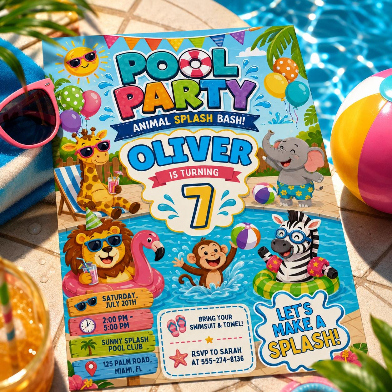 Animal Splash Bash Pool Party Birthday Party Invitation Template, Hand Drawn Whimsical Swim Birthday Invite, Canva Template __etsy:8057329726