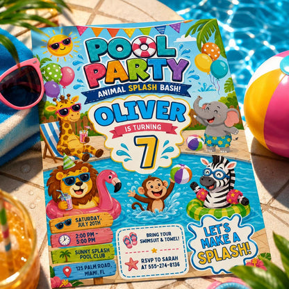 Animal Splash Bash Pool Party Birthday Party Invitation Template, Hand Drawn Whimsical Swim Birthday Invite, Canva Template __etsy:8057329726