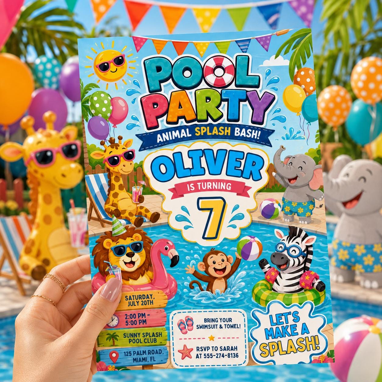 Animal Splash Bash Pool Party Birthday Party Invitation Template, Hand Drawn Whimsical Swim Birthday Invite, Canva Template __etsy:8057330664