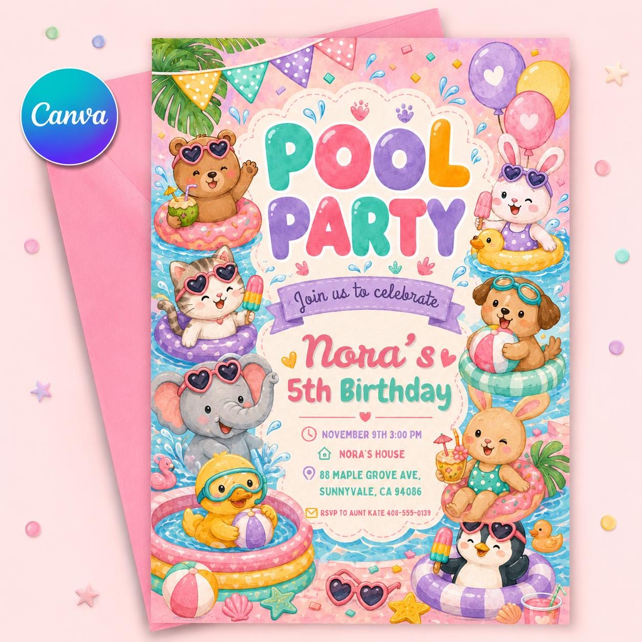 Animals Pool Party Birthday Party, Hand Drawn Whimsical Swim Birthday Invite, Pink Bow Coquette Summer Birthday Pool Celebration __etsy:8055895378