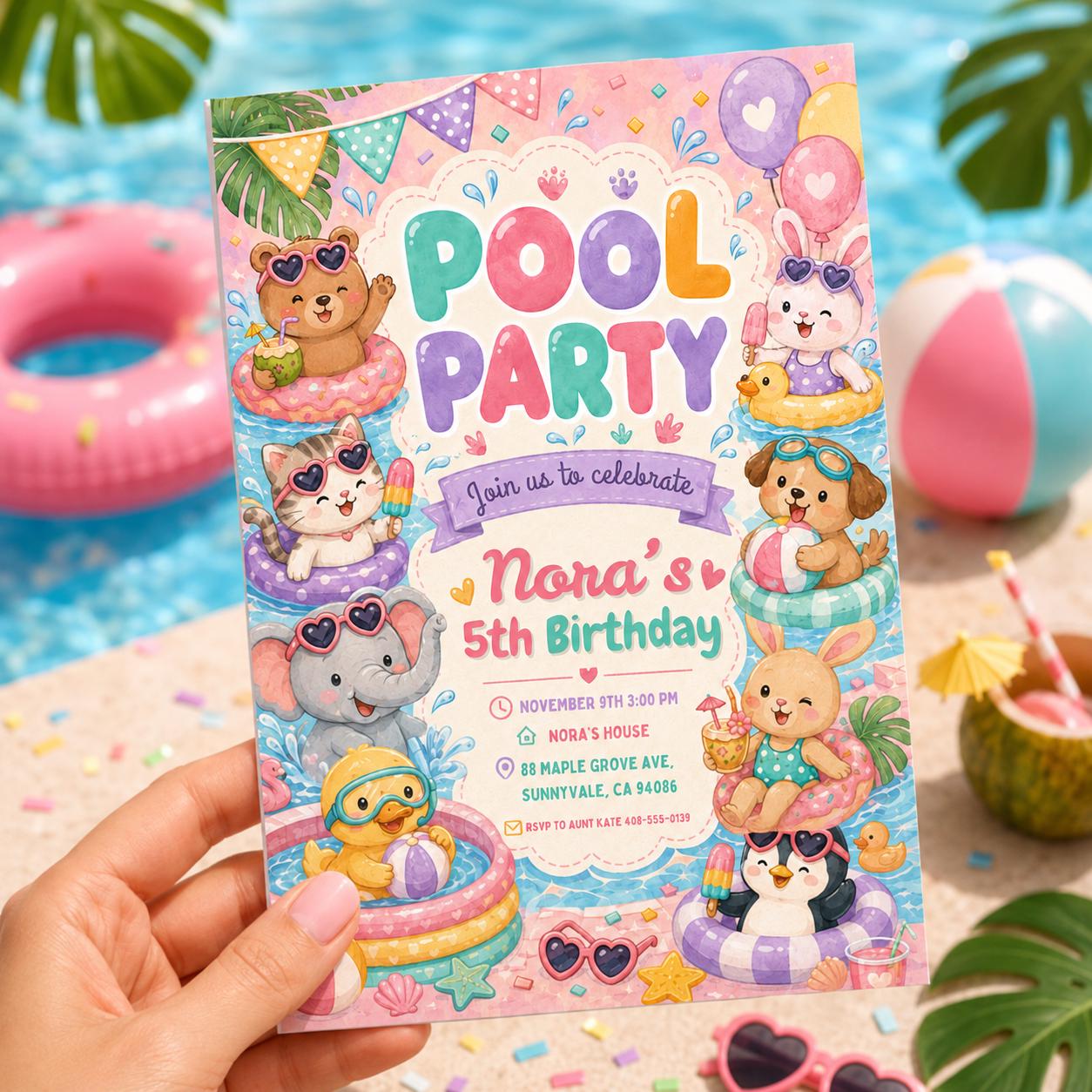 Animals Pool Party Birthday Party, Hand Drawn Whimsical Swim Birthday Invite, Pink Bow Coquette Summer Birthday Pool Celebration __etsy:8055894932