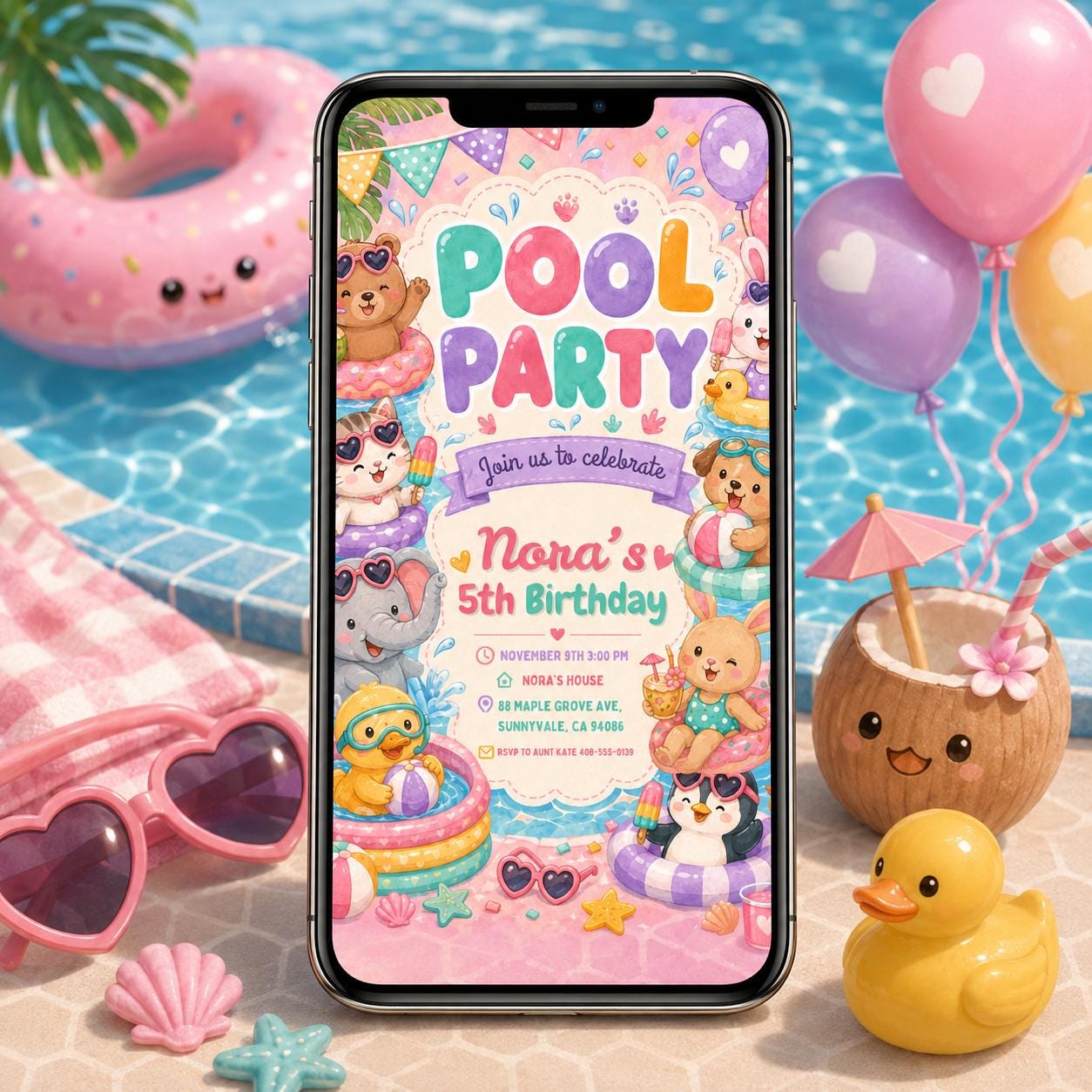Animals Pool Party Birthday Party, Hand Drawn Whimsical Swim Birthday Invite, Pink Bow Coquette Summer Birthday Pool Celebration __etsy:8055895234