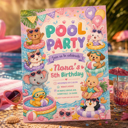 Animals Pool Party Birthday Party, Hand Drawn Whimsical Swim Birthday Invite, Pink Bow Coquette Summer Birthday Pool Celebration __etsy:8103806877