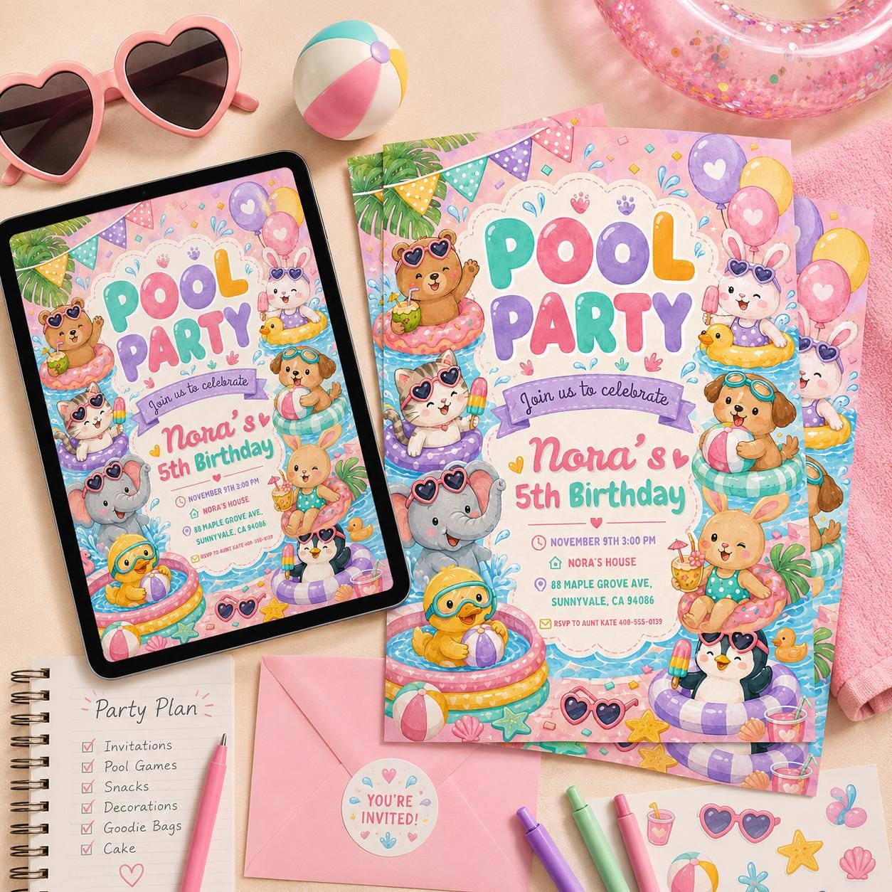 Animals Pool Party Birthday Party, Hand Drawn Whimsical Swim Birthday Invite, Pink Bow Coquette Summer Birthday Pool Celebration __etsy:8103806885