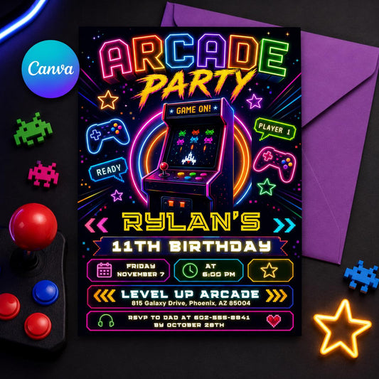 Arcade Party Birthday Invitation Tie Dye Neon Video Gaming Arcade Birthday , Canva Template __etsy:8093955121