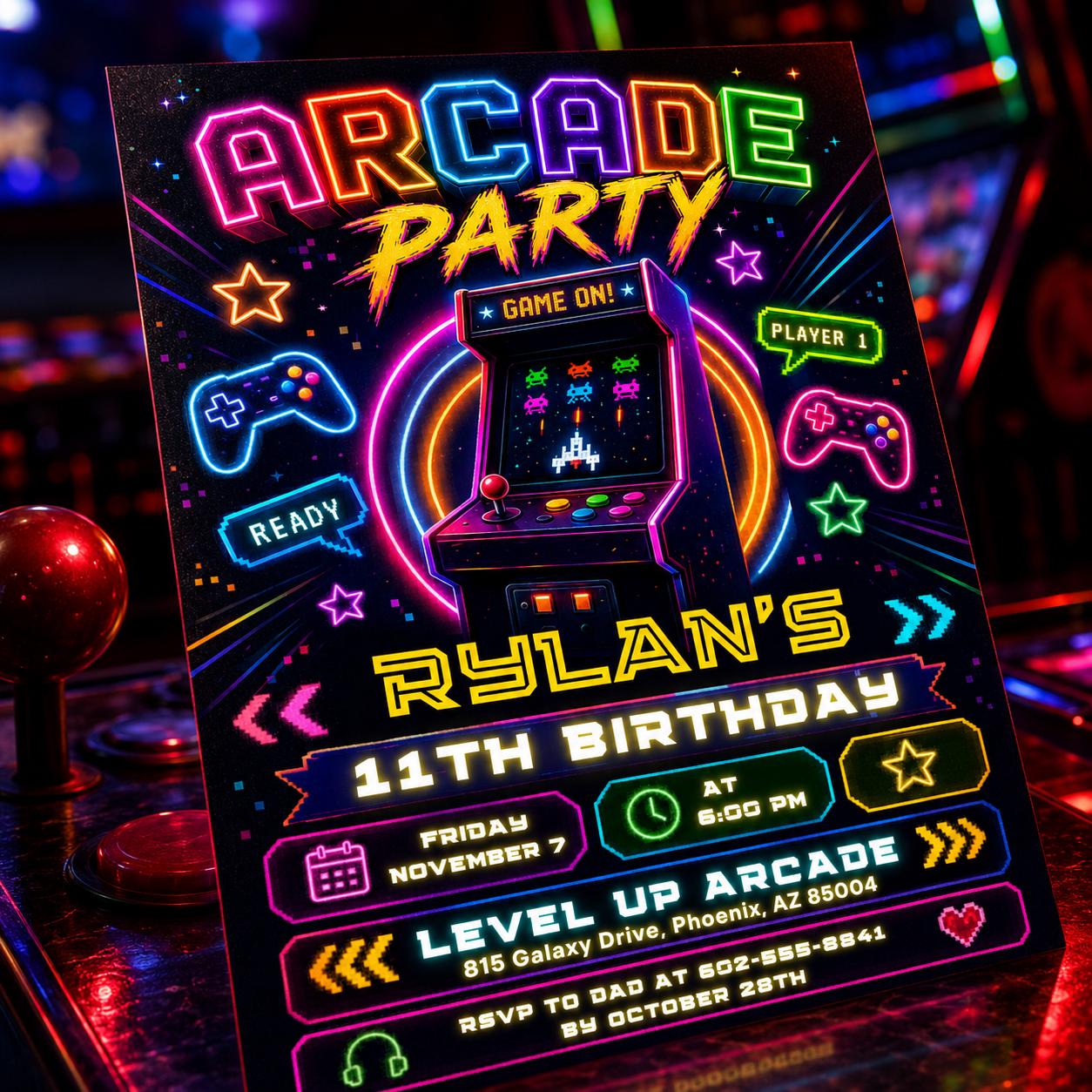Arcade Party Birthday Invitation Tie Dye Neon Video Gaming Arcade Birthday , Canva Template __etsy:8046043256