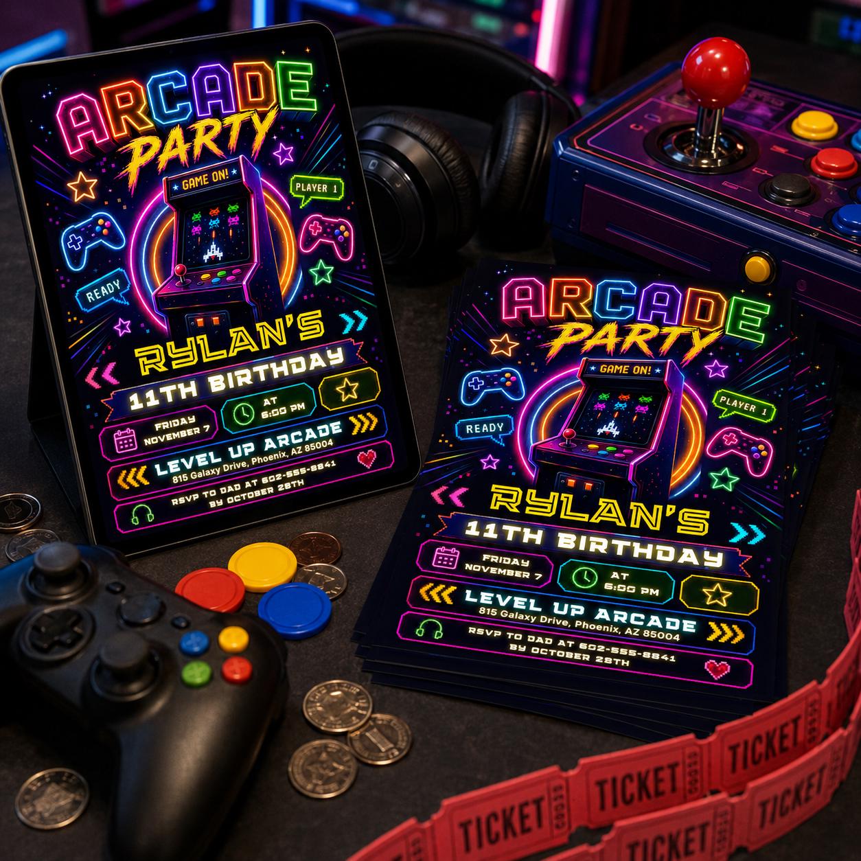 Arcade Party Birthday Invitation Tie Dye Neon Video Gaming Arcade Birthday , Canva Template __etsy:8046043258
