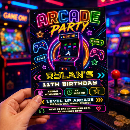 Arcade Party Birthday Invitation Tie Dye Neon Video Gaming Arcade Birthday , Canva Template __etsy:8046043248