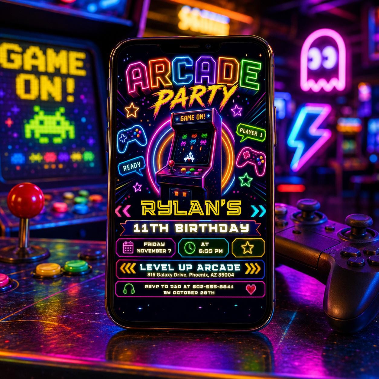 Arcade Party Birthday Invitation Tie Dye Neon Video Gaming Arcade Birthday , Canva Template __etsy:8093955123