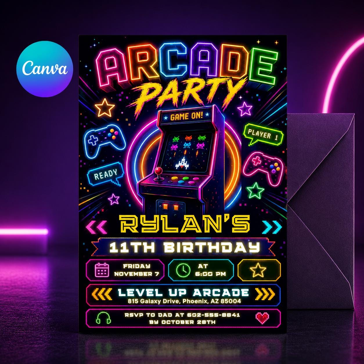 Arcade Party Invitation, Green Gamer Birthday Invitation, Level Up Birthday Invitation, Gamer Boy Template, Editable Canva Template __etsy:8095062519