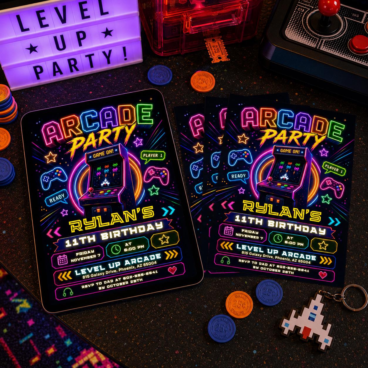Arcade Party Invitation, Green Gamer Birthday Invitation, Level Up Birthday Invitation, Gamer Boy Template, Editable Canva Template __etsy:8047154436