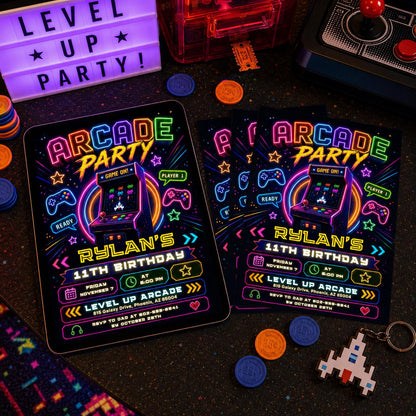 Arcade Party Invitation, Green Gamer Birthday Invitation, Level Up Birthday Invitation, Gamer Boy Template, Editable Canva Template __etsy:8047154436