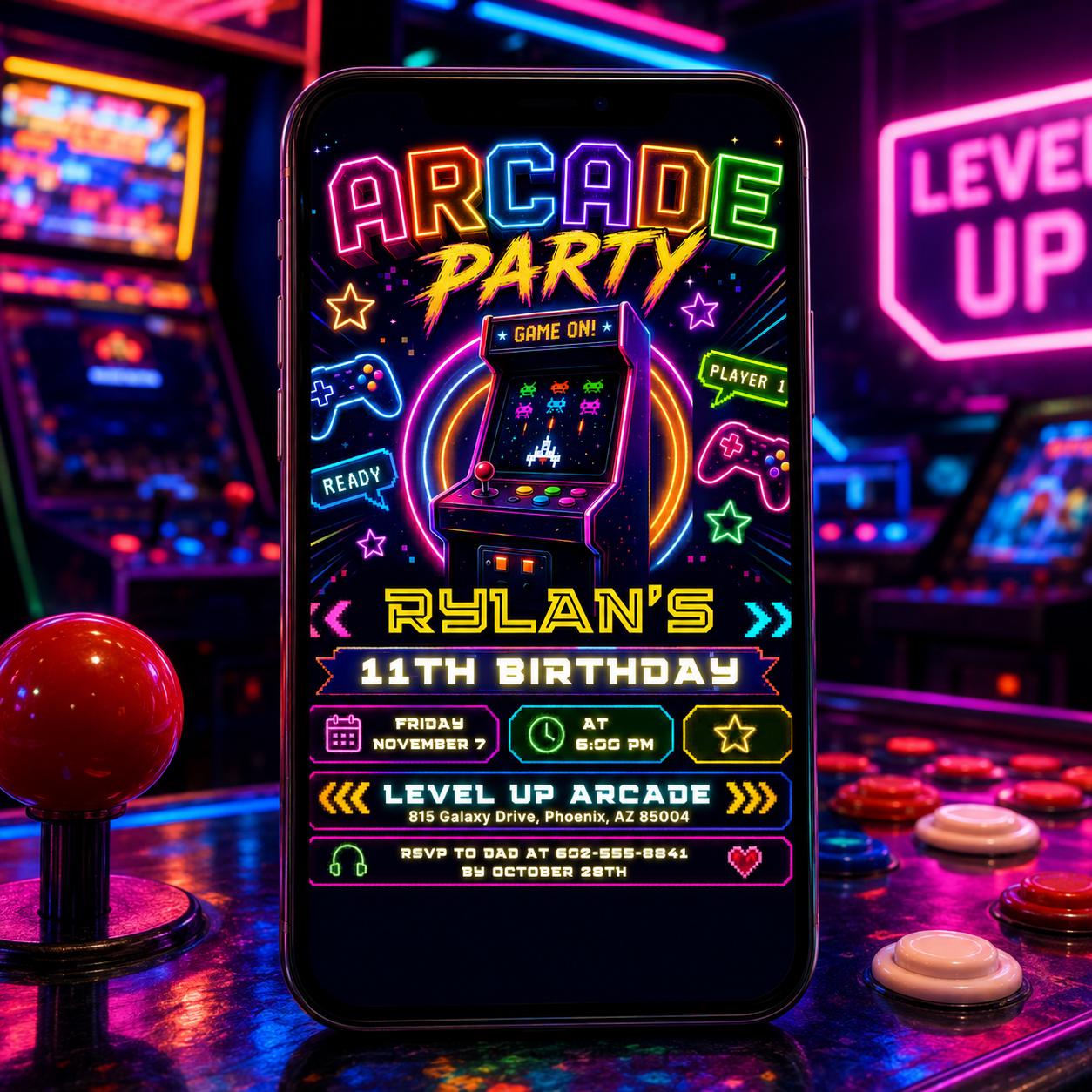 Arcade Party Invitation, Green Gamer Birthday Invitation, Level Up Birthday Invitation, Gamer Boy Template, Editable Canva Template __etsy:8095062615