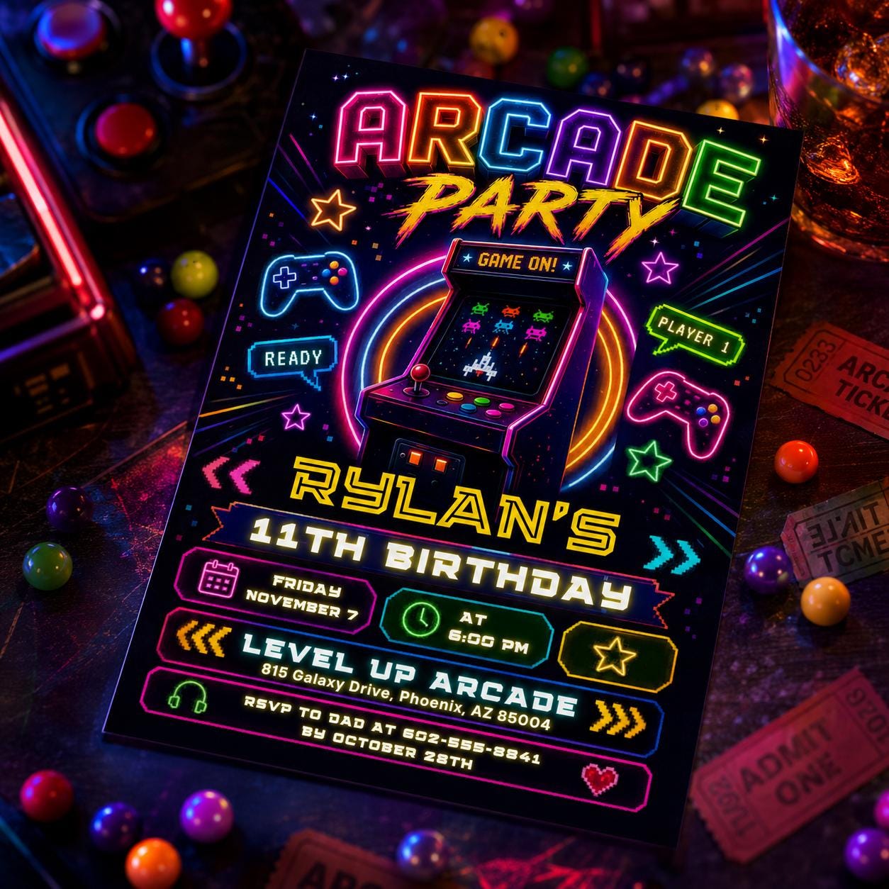 Arcade Party Invitation, Green Gamer Birthday Invitation, Level Up Birthday Invitation, Gamer Boy Template, Editable Canva Template __etsy:8047155022