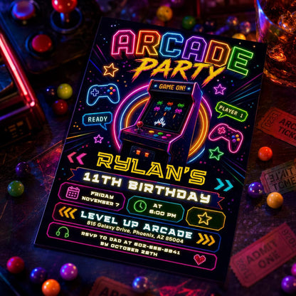 Arcade Party Invitation, Green Gamer Birthday Invitation, Level Up Birthday Invitation, Gamer Boy Template, Editable Canva Template __etsy:8047155022