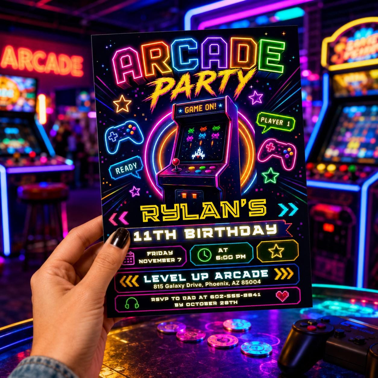Arcade Party Invitation, Green Gamer Birthday Invitation, Level Up Birthday Invitation, Gamer Boy Template, Editable Canva Template __etsy:8095062969
