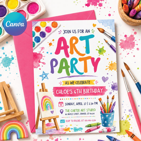 Art Party Birthday Invitation, Pottery painting workshop Invite ,Painting Party Invitation, Art Party Invitation, Dress for Mess Party __etsy:8010951812