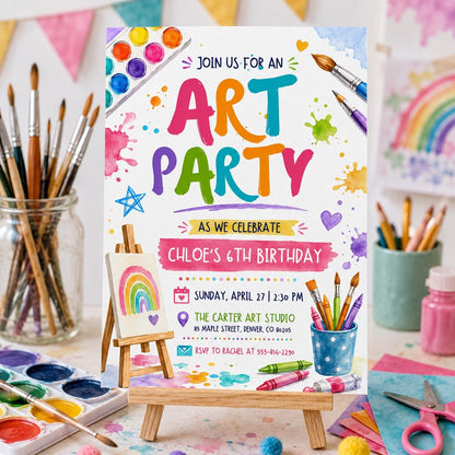 Art Party Birthday Invitation, Pottery painting workshop Invite ,Painting Party Invitation, Art Party Invitation, Dress for Mess Party __etsy:8010945846