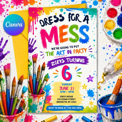 Art Party Invitation, Art Birthday Party, Painting Party Invitation, Art Party Invite, Dress for a Mess, Art Themed, Canva Template __etsy:8037942780