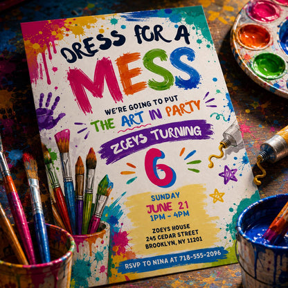 Art Party Invitation, Art Birthday Party, Painting Party Invitation, Art Party Invite, Dress for a Mess, Art Themed, Canva Template __etsy:8085857803