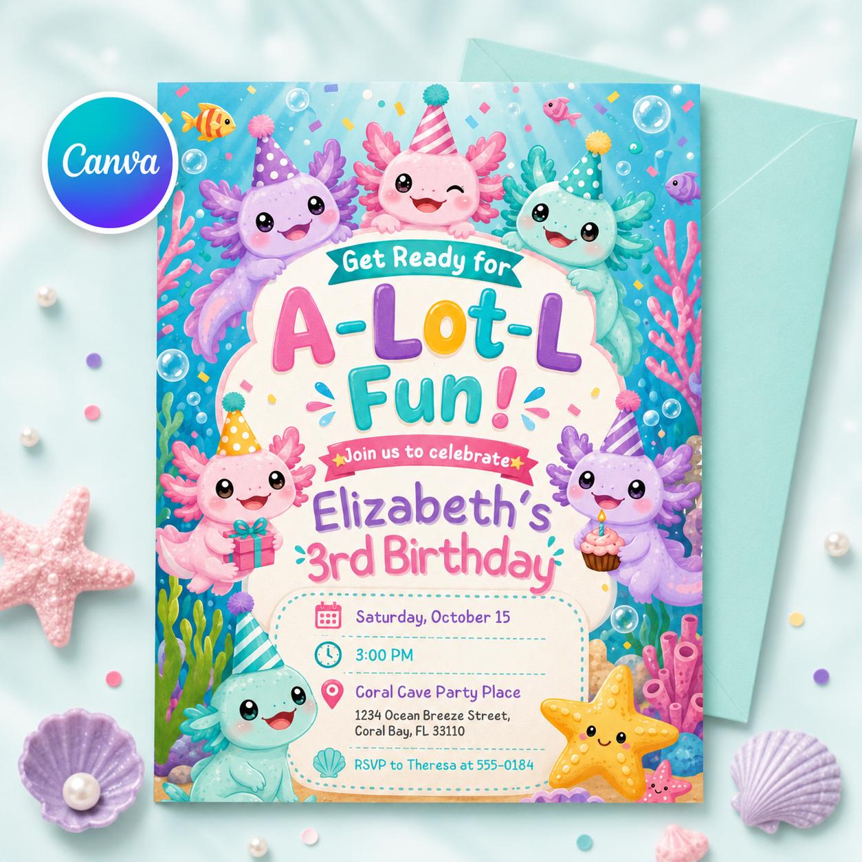 Axolotl Birthday Invitation, ALotl Fun Birthday Invitation Axolotl Birthday Invitation A-Lot-l Fun Invite Girl Axolotl Bday, Canva Template __etsy:8072440862