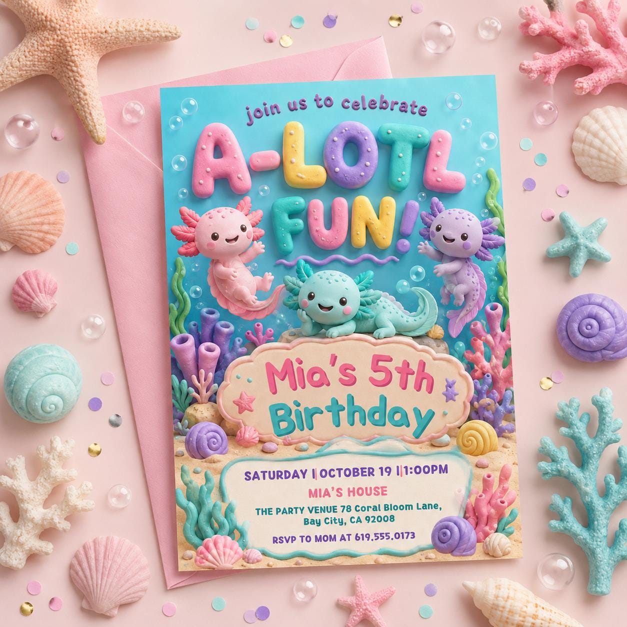 Axolotl Birthday Invitation, ALotl Fun Birthday Invitation Axolotl Birthday Invitation A-Lot-l Fun Invite Girl Axolotl Bday, Canva Template __etsy:8055160319
