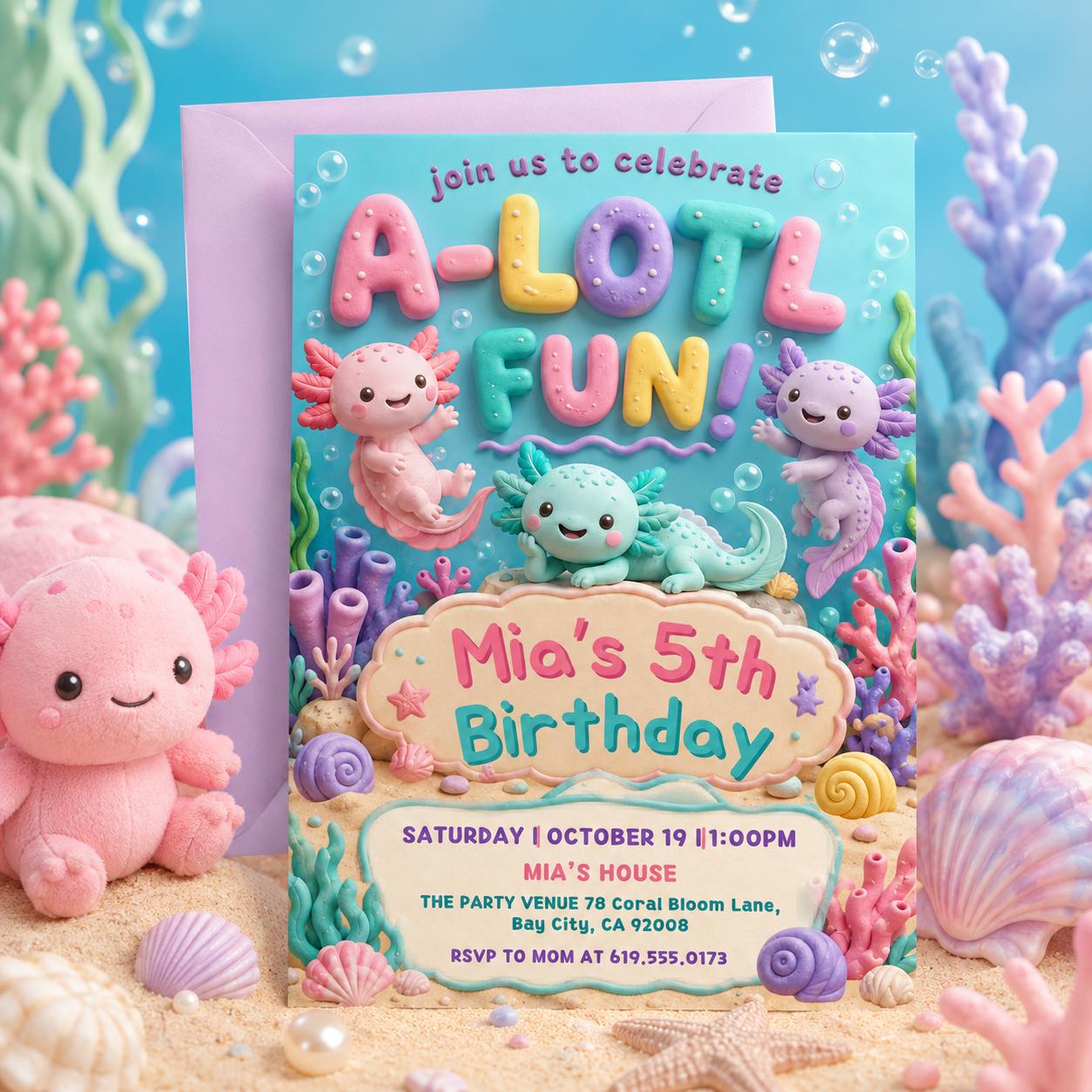 Axolotl Birthday Invitation, ALotl Fun Birthday Invitation Axolotl Birthday Invitation A-Lot-l Fun Invite Girl Axolotl Bday, Canva Template __etsy:8007245458