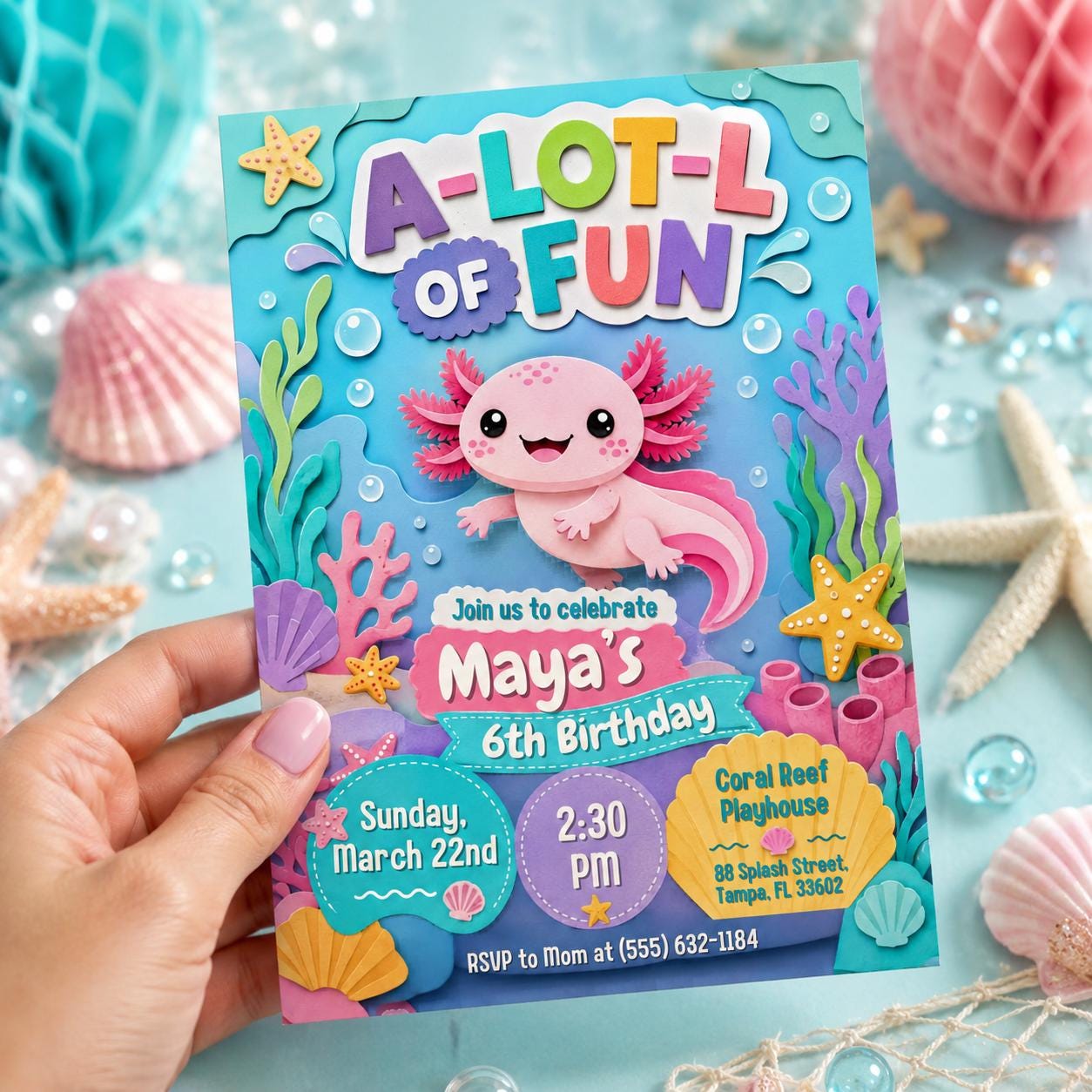 Axolotl Birthday Invitation, ALotl Fun Birthday Invitation Axolotl Birthday Invitation A-Lot-l Fun Invite Girl Axolotl Bday, Canva Template __etsy:8057603526