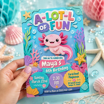 Axolotl Birthday Invitation, ALotl Fun Birthday Invitation Axolotl Birthday Invitation A-Lot-l Fun Invite Girl Axolotl Bday, Canva Template __etsy:8057603526