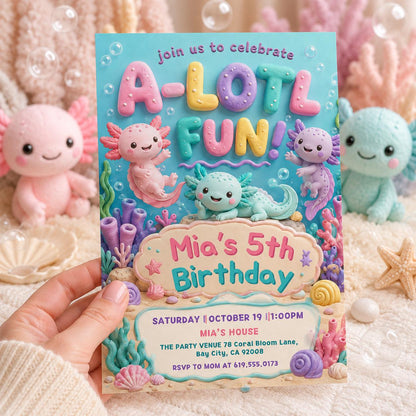 Axolotl Birthday Invitation, ALotl Fun Birthday Invitation Axolotl Birthday Invitation A-Lot-l Fun Invite Girl Axolotl Bday, Canva Template __etsy:8055160321