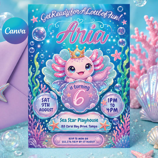 Axolotl Birthday Invitation, Axolotl Birthday Invites, Under Sea Birthday Invitation, Editable Canva __etsy:8022471710