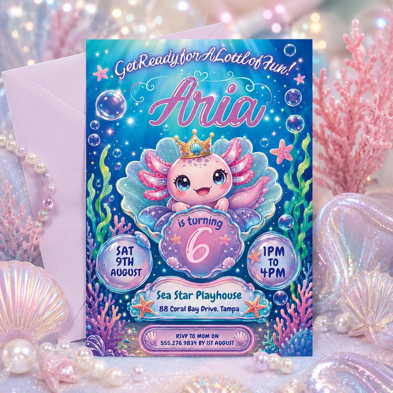 Axolotl Birthday Invitation, Axolotl Birthday Invites, Under Sea Birthday Invitation, Editable Canva __etsy:8022470532
