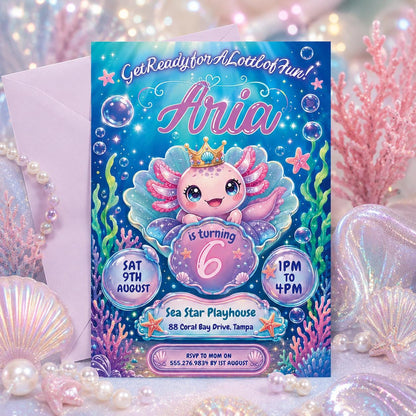 Axolotl Birthday Invitation, Axolotl Birthday Invites, Under Sea Birthday Invitation, Editable Canva __etsy:8022470532