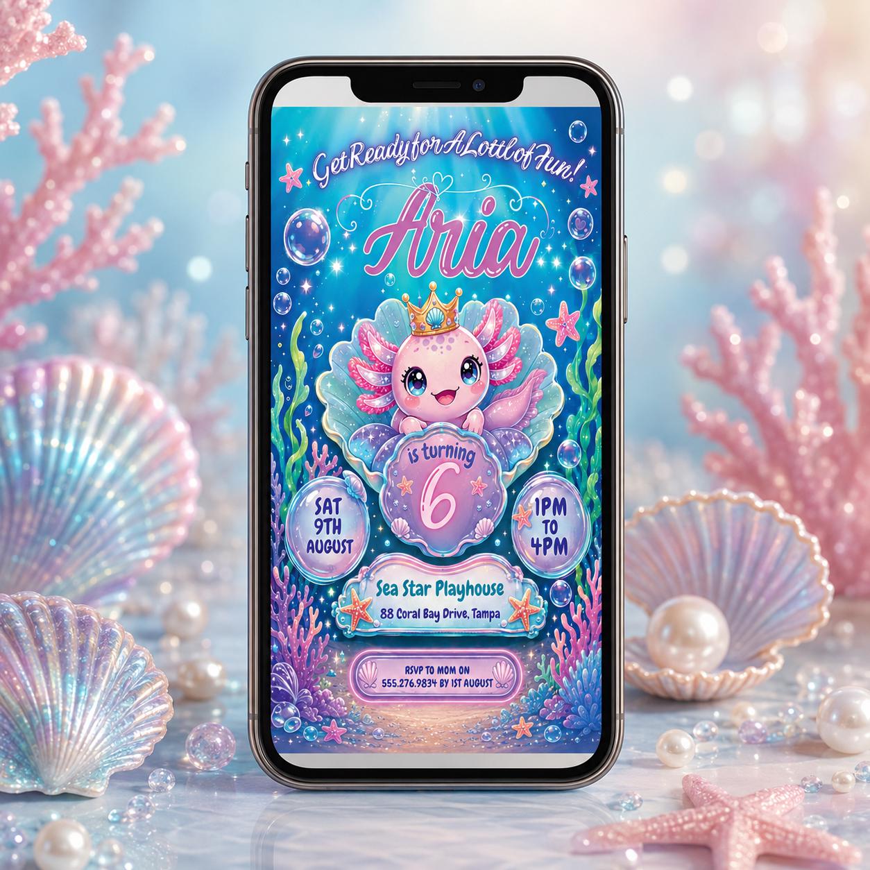 Axolotl Birthday Invitation, Axolotl Birthday Invites, Under Sea Birthday Invitation, Editable Canva __etsy:8022470644