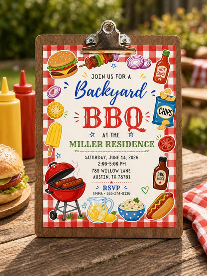 BBQ Birthday Invitation, BBQ Birthday Party ,Barbecue Grill and Chill Invite, BBQ Red Gingham Backyard Party, Editable, Canva __etsy:8018181317