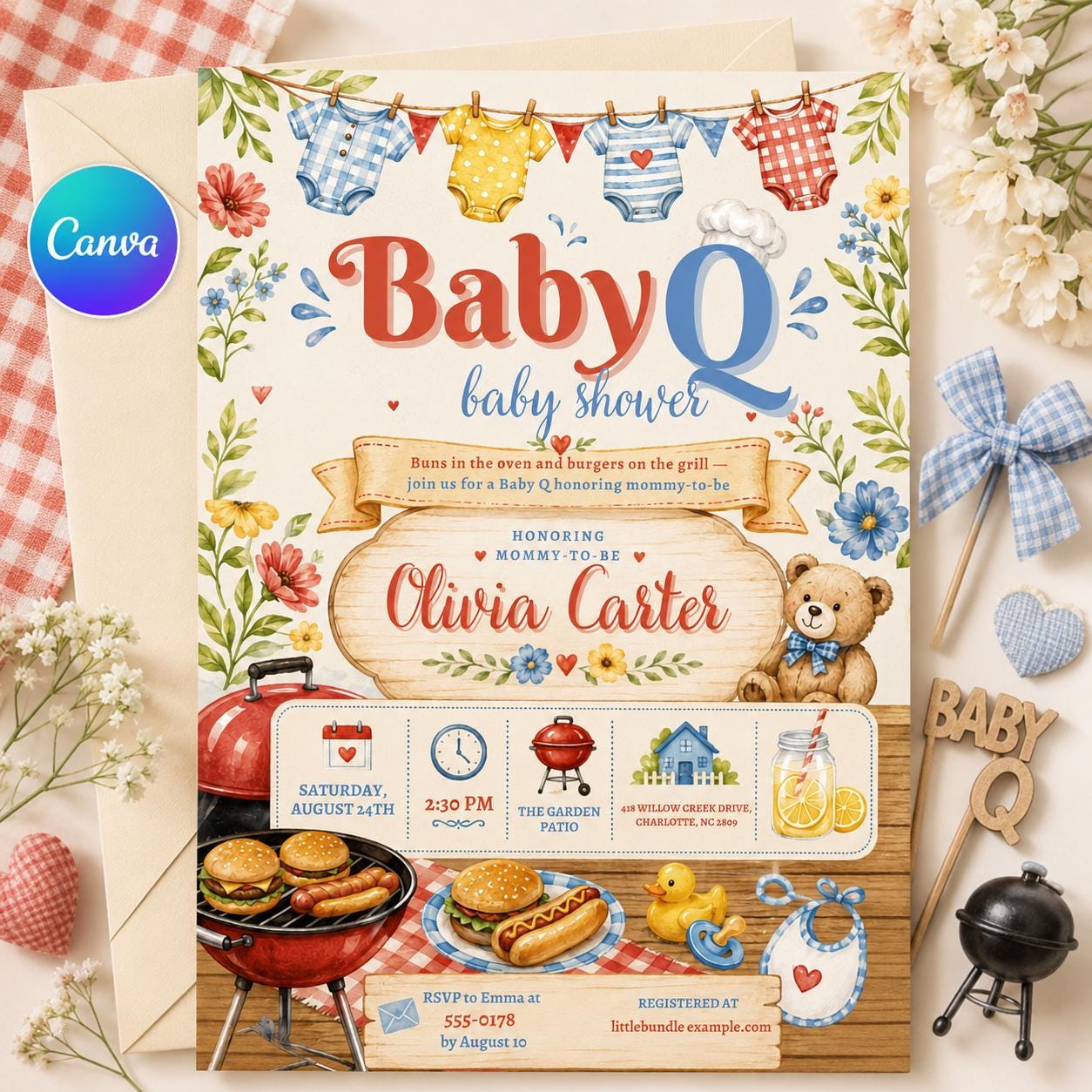 BabyQ Baby Shower Invitation, Baby-Q Shower Invite, BBQ Baby Shower Invitation, Outdoor Party Evite, Canva Template __etsy:8057265670