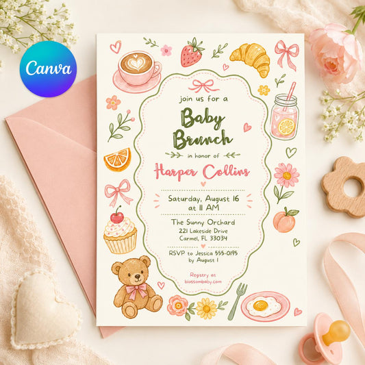Baby Brunch Pink Bow, Baby Brunch Baby Shower Invitation, Blueberry Pancake Baby Shower Invite, Blueberry Baby Shower Brunch, Canva Template __etsy:8119882101