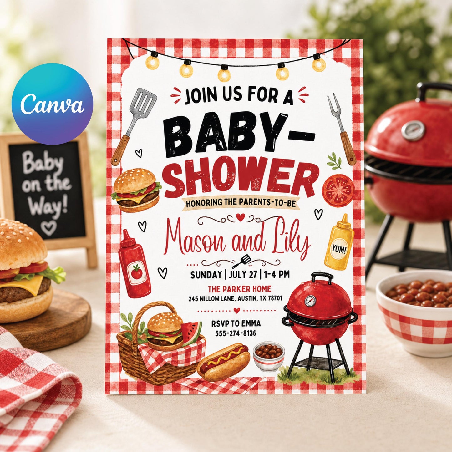 Baby Q Baby Shower Invitation, Coed BBQ Baby Shower Invite, Baby Shower Invitation Template, BBQ Theme, Editable Canva Design __etsy:7976629640