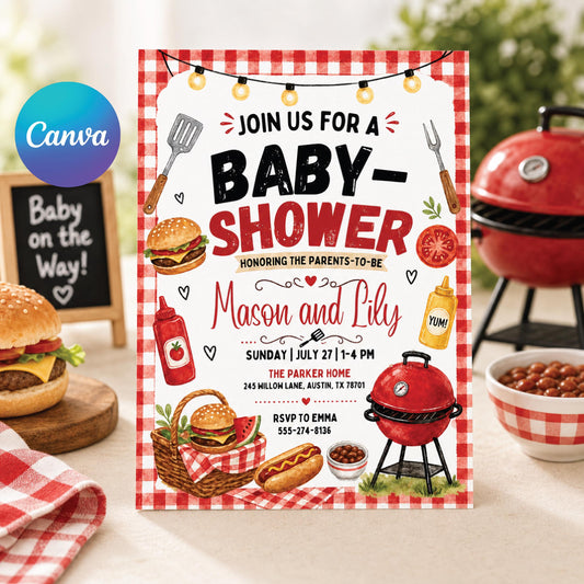 Baby Q Baby Shower Invitation, Coed BBQ Baby Shower Invite, Baby Shower Invitation Template, BBQ Theme, Editable Canva Design __etsy:7976629640