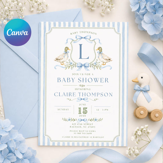 Baby Shower Invitation Template: Editable Ducks & Bows Design, Editable Canva Template __etsy:8066507543