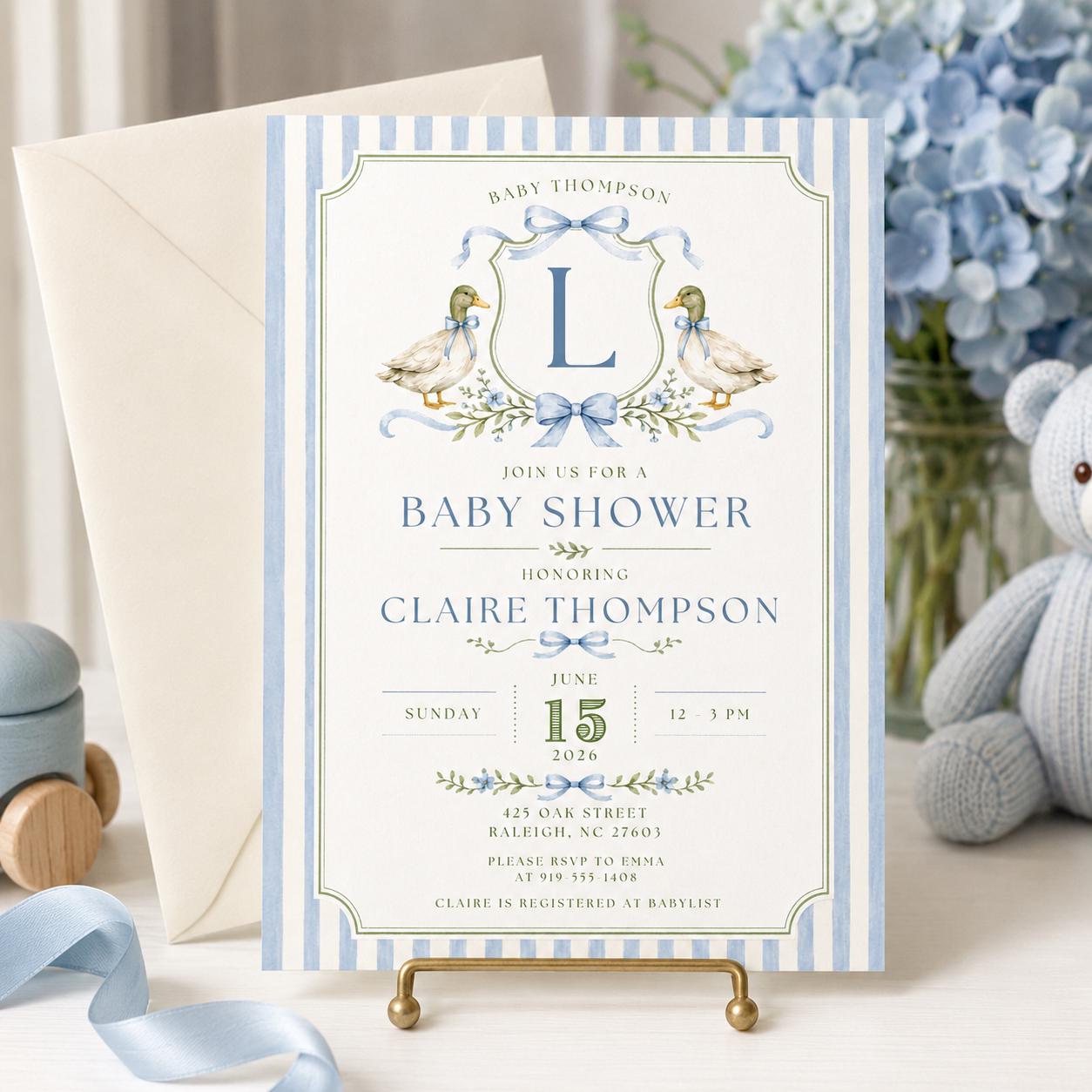 Baby Shower Invitation Template: Editable Ducks & Bows Design, Editable Canva Template __etsy:8066504213