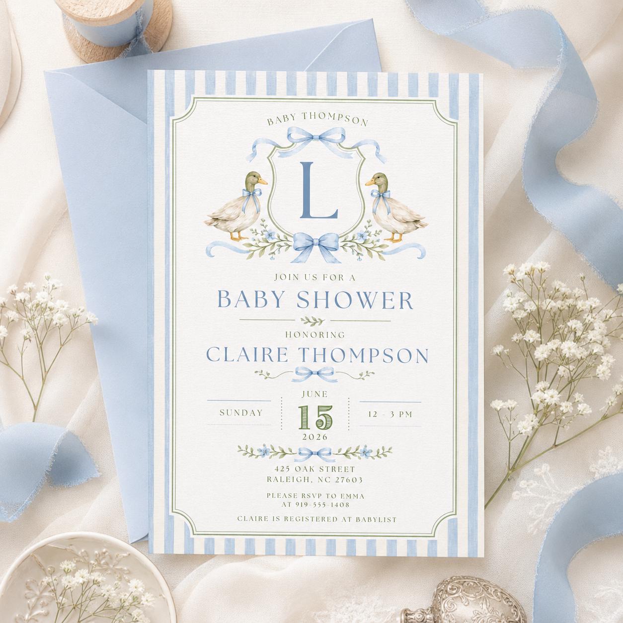 Baby Shower Invitation Template: Editable Ducks & Bows Design, Editable Canva Template __etsy:8066504437