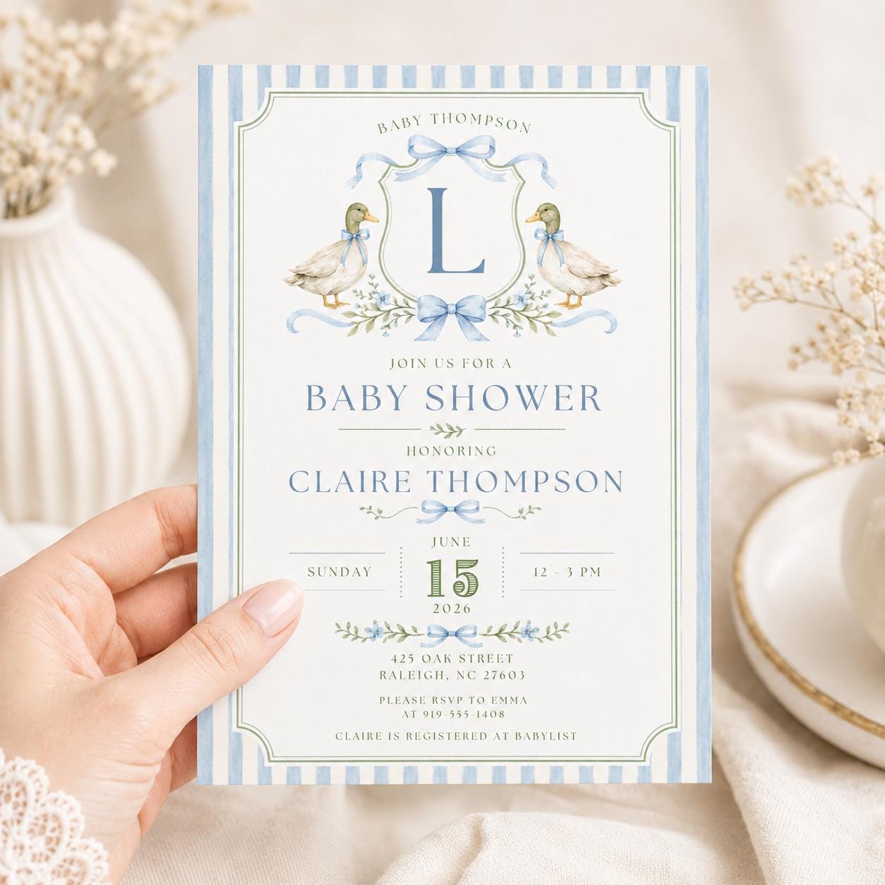 Baby Shower Invitation Template: Editable Ducks & Bows Design, Editable Canva Template __etsy:8018585636