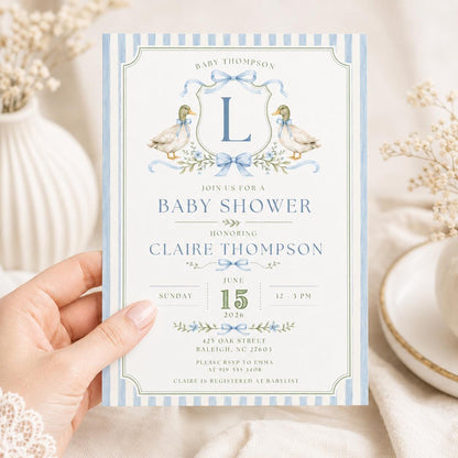 Baby Shower Invitation Template: Editable Ducks & Bows Design, Editable Canva Template __etsy:8018585636